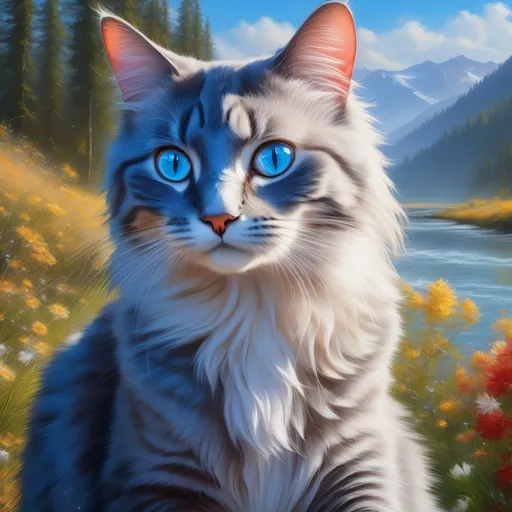 Prompt: warrior cat with speckled {silver fur} and {sapphire blue eyes}, young female cat, epic anime portrait, beautiful 8k eyes, elegant {frosted blue fur}, fine oil painting, intense, lunging at viewer, worm's eye view, frosted flowers, zoomed out view of character,  (unsheathed claws), visible claws, wears a bracelet, 64k, hyper detailed, expressive, intense, graceful, hissing cat, aggressive, sassy, passionate, lithe, beautiful, billowing wild mane, golden ratio, precise, perfect proportions, vibrant, prowling by a sun-bathed river, hyper detailed, complementary colors, UHD, HDR, top quality artwork, beautiful detailed background, unreal 5, artstaion, deviantart, instagram, professional, masterpiece