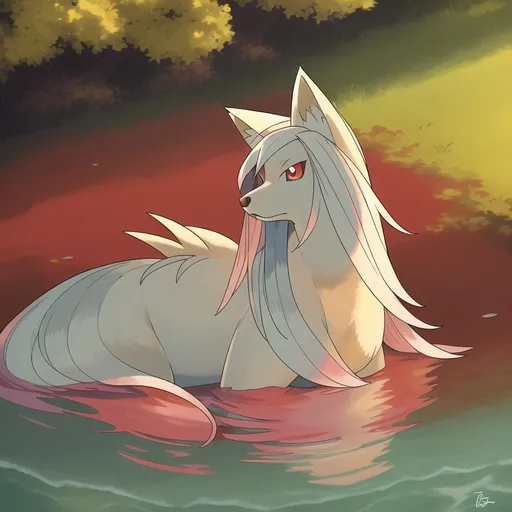 Prompt: Portrait of a beautiful Ninetales, with deep crimson eyes, feral, in a sunny lake shore, head turned toward viewer, highly detailed eyes, 4k, UHD, masterpiece