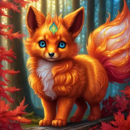 Prompt: {Vulpix}, gleaming hypnotic {garnet brown eyes}, flame, fire element, feral, frost, detailed artwork, beautiful oil painting, 64k, detailed background, aspen leaves, deep starry sky, lush cliffside, brilliant sunrise sky, big golden ears, beautiful dark muzzle, big beautiful 8k eyes, mischievous, vivid colors, thick fluffy fur, glowing fiery aura, fire princess, bashful rosy cheeks, timid, bright rosy cheeks, thick billowing mane, intricately detailed fur, beautiful detailed eyes, , by Anne Stokes, golden ratio, perfect proportions, vibrant, hyper detailed, complementary colors, UHD, beautiful detailed background