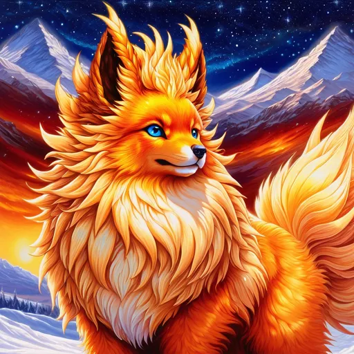 Prompt: {Flareon}, brilliant {blue eyes}, flame, fire element, feral, detailed artwork, beautiful oil painting, 64k, detailed background, snowy field, frost, deep starry sky, brilliant sunrise sky, big golden ears, beautiful dark muzzle, big beautiful 8k eyes, brave, vivid colors, thick fluffy fur, glowing fiery aura, thick billowing mane, intricately detailed fur, beautiful detailed eyes, , by Anne Stokes, golden ratio, perfect proportions, vibrant, hyper detailed, complementary colors, UHD, beautiful detailed background