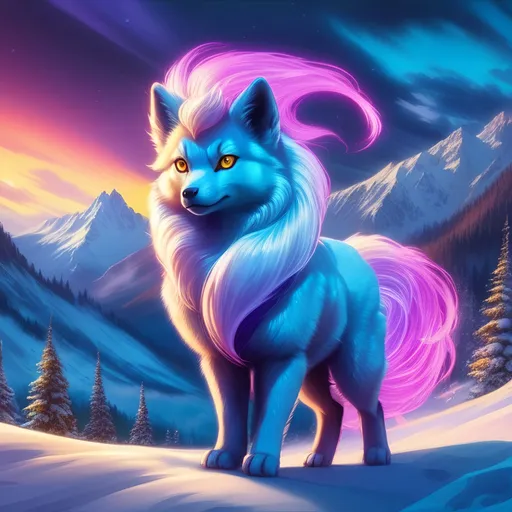 Prompt: {Alolan Vulpix}, growling, wolf, ice element, detailed artwork, epic photograph, 64k, 3D, detailed background, beautiful auroras, lush cliffside, snowy mountain peaks, brilliant night sky, gleaming hypnotic purple eyes, mischievous, psychedelic colors, vivid colors, glowing ice aura, thick billowing mane, intricately detailed fur, beautiful detailed eyes, golden ratio, perfect proportions, vibrant, complementary colors, UHD, beautiful detailed background