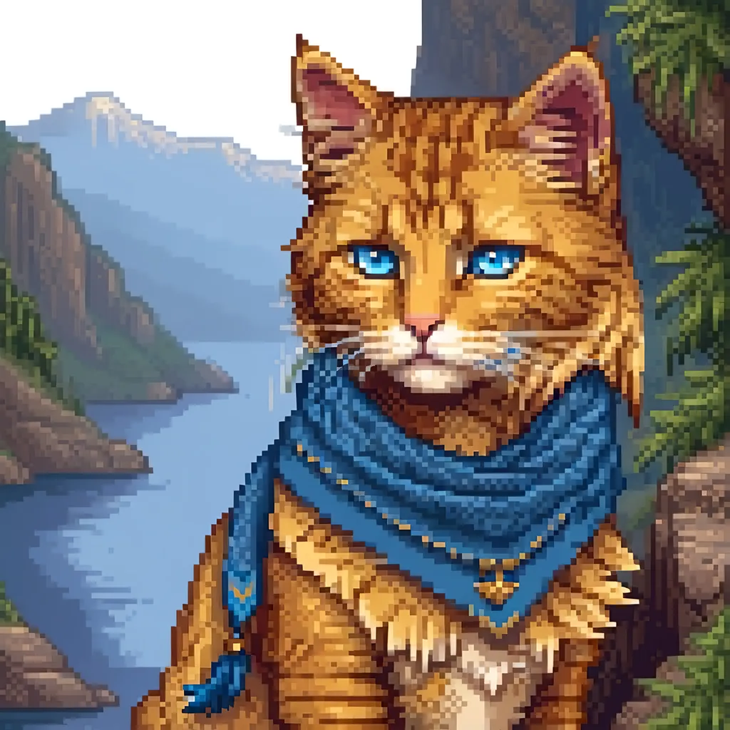 Prompt: beautiful cat warrior with golden fur and blue eyes, feral cat, wearing blue scarf, detailed lakeside background, distant cliffs in background