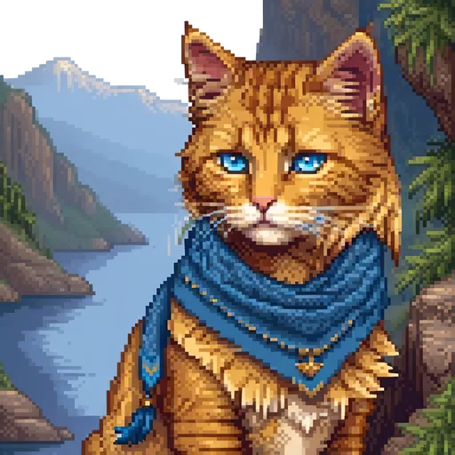 Prompt: beautiful cat warrior with golden fur and blue eyes, feral cat, wearing blue scarf, detailed lakeside background, distant cliffs in background