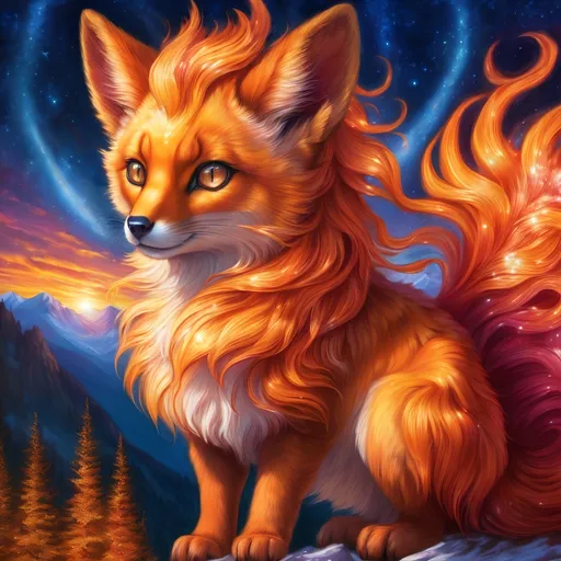 Prompt: {Vulpix}, gleaming hypnotic {garnet brown eyes}, flame, fire element, feral, frost, detailed artwork, beautiful oil painting, 64k, detailed background, aspen leaves, deep starry sky, lush cliffside, brilliant sunrise sky, big golden ears, big beautiful 8k eyes, mischievous, vivid colors, thick fluffy fur, glowing fiery aura, fire princess, bashful rosy cheeks, timid, bright rosy cheeks, thick billowing mane, intricately detailed fur, beautiful detailed eyes, , by Anne Stokes, golden ratio, perfect proportions, vibrant, hyper detailed, complementary colors, UHD, beautiful detailed background