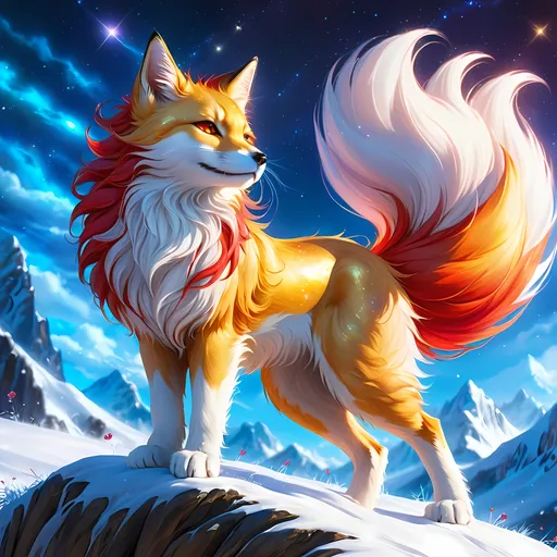 Prompt: warrior (fox) with {bright gold fur} and {ruby red eyes}, feral fox, kitsune, nine-tailed fox, gorgeous anime portrait, beautiful cartoon, beautiful 8k eyes, elegant {red fur}, four-legged, quadruped, pronounced scar on chest, oil painting, modest, gazing at viewer, fiery red eyes, glistening golden hair, furry golden paws, low angle view, 64k, hyper detailed, expressive, graceful, beautiful, small lithe cat, expansive silky golden mane, shining fur, deep starry sky, UHD background, golden ratio, precise, perfect proportions, vibrant colors, standing majestically on a tall crystal stone, hyper detailed, complementary colors, UHD, HDR, top quality art, beautiful detailed background, unreal 5, artstaion, deviantart, instagram, professional, masterpiece