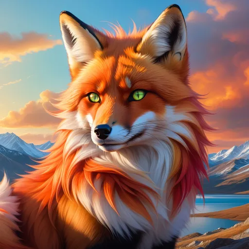 Prompt: champion prodigy fox with (bright crimson fur) and {amber green eyes}, feral, gorgeous anime portrait, soft detailed fur,  fire element, flame, female fox, soft glistening fur, beautiful 8k eyes, fine oil painting, intense, wearing shiny bracelet, low angle view, (unsheathed claws), visible claws, 64k, fine colored pencil, head turned toward viewer, hyper detailed, expressive, graceful, plump, glistening silky mane, fiery colors, windstorm, colorful stones, vast open sky, glistening black fur highlights, sitting on hilltop,  golden ratio, intricate detailed fur, precise, perfect proportions, vibrant, at a sun-bathed lake, hyper detailed, complementary colors, UHD, HDR, top quality artwork, beautiful detailed background, unreal 5, artstaion, deviantart, instagram, professional, masterpiece