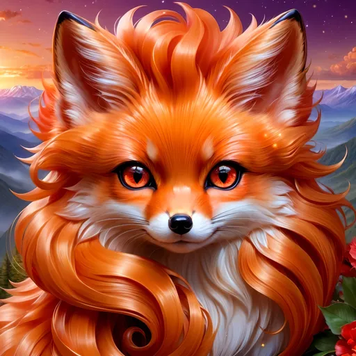 Prompt: (best quality:1.5), (high quality:1.5), (masterpiece:1.5), stunning beautiful Vulpix with (gleaming auburn red fur:2) and (sparkling caramel brown eyes:2), sparkling fur highlights, huge beautiful sparkling eyes, nine-tailed fox, many tails, multiple tails, six lush amber tails, feral, fire element, fiery maw, kitsune tails, beautiful defined detailed paws, quadruped, gorgeous anime portrait, fox pup face, intense cartoon, magic white fur highlights, tall and slender, foxy head turn, beautiful 8k eyes, kitsune, close up, up close, layers of incredibly detailed mountains, wild, nature, close up with sparkling eyes in sharp focus, magical, ethereal, enchanted, incredibly detailed fur, highly detailed face, water element, detailed fine fur, fine oil painting, stunning, finely detailed fur, cute, fierce, majestic, long curly silky hair, raised tails, gorgeous, gazing at viewer, long silky curly tails, beaming eyes, curious eyes, lake shore sunrise, perfect reflection, shimmering, beautifully defined legs, beautiful detailed defined shading, long ribbon-like hair on forehead, french curves, professional shading, long flowing hair on crest, sharply focused red clouds, Anne Stokes, highly detailed jagged mountain vista, brilliant sunrise on purple sky, (horizontal background), 64k, hyper detailed, expressive, beautiful, thick silky mane, golden ratio, symmetric, accurate anatomy, precise, perfect proportions, vibrant, standing majestically on a mountain, hyper detailed, complementary colors, UHD, HDR, top quality artwork, beautiful detailed background, unreal 5, artstaion, deviantart, instagram, professional, 16k