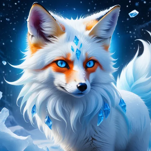 Prompt: ice elemental fox, feral fox, kyubi no kitsune, nine-tailed fox, cool blue fur, dark blue eyes, soft moonlight, blue muzzle, elder vixen, plump, gazing at viewer, insanely beautiful, stunning, gorgeous, enchanting, beautiful 8k eyes, confident, falling snow, shattered ice, frosted blue fur, vivid, vibrantm UHD, HDR, three-quarter portrait, detailed watercolor style on soft paper, sharp focus, masterpiece, cool colors, artstation, instagram, trending, 64k