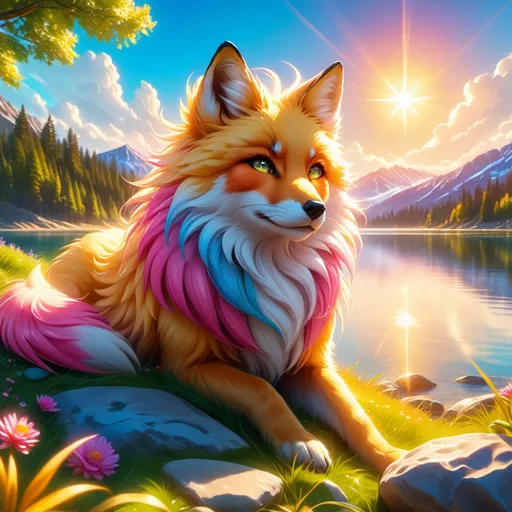 Prompt: beautiful young golden fox prodigy with (white-gold fur) and glowing {ruby pink eyes}, {sky blue paws and ears, curly blue hair}, feral, epic anime portrait, close up, sunny colors, brilliant sunrise, beautiful 8k eyes, light fluffy clouds, lush verdant greenery, close up, fine oil painting, low angle view, soft HD fur, (unsheathed claws), visible claws, 64k, hyper detailed, expressive, energetic, vibrant, fluffy mane, petite, deep blue sky, colorful stones, glistening golden fur, sprawled at a lake shore, golden ratio, precise, perfect proportions, vibrant colors, vivid colors, lying by a sun-bathed lake, hyper detailed, complementary colors, UHD, HDR, top quality artwork, beautiful detailed background, unreal 5, artstaion, deviantart, instagram, professional, masterpiece