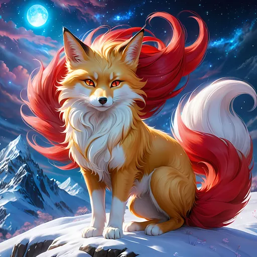 Prompt: warrior (fox) with {bright red fur} and {ruby red eyes}, feral fox, kitsune, nine-tailed fox, gorgeous anime portrait, beautiful cartoon, beautiful 8k eyes, elegant {red fur}, four-legged, quadruped, pronounced scar on chest, oil painting, modest, gazing at viewer, fiery red eyes, glistening golden hair, furry golden paws, low angle view, 64k, hyper detailed, expressive, graceful, beautiful, small lithe cat, expansive silky golden mane, shining fur, deep starry sky, UHD background, golden ratio, precise, perfect proportions, vibrant colors, standing majestically on a tall crystal stone, hyper detailed, complementary colors, UHD, HDR, top quality art, beautiful detailed background, unreal 5, artstaion, deviantart, instagram, professional, masterpiece