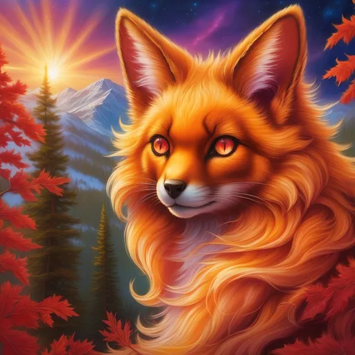 Prompt: Golden {Vulpix}, {golden fur}, gleaming hypnotic (garnet brown eyes:1.5), flame, fire element, feral, frost, detailed artwork, beautiful oil painting, 64k, detailed background, aspen leaves, deep starry sky, lush cliffside, brilliant sunrise sky, big golden ears, beautiful dark muzzle, big beautiful 8k eyes, mischievous, vivid colors, thick fluffy fur, glowing fiery aura, fire princess, bashful rosy cheeks, timid, bright rosy cheeks, thick billowing mane, intricately detailed fur, beautiful detailed eyes, , by Anne Stokes, golden ratio, perfect proportions, vibrant, hyper detailed, complementary colors, UHD, beautiful detailed background