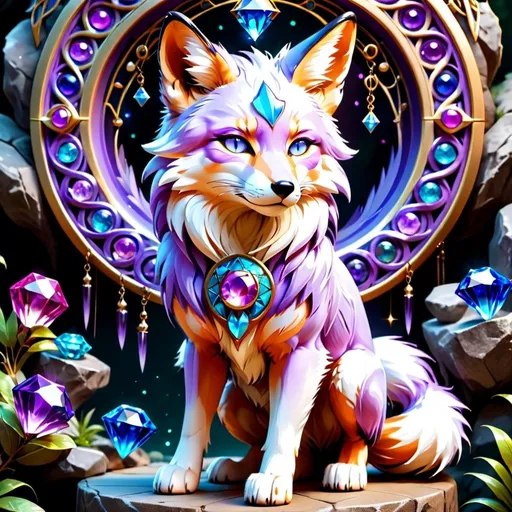 Prompt: (best quality:1.4), (masterpiece:1.4), ((Calarts style)), fluffy lilac Fox, Fox, 9 tailed fox, jewelry with precious stones, dazzling crystal blue eyes, lush canyon, standing on a magic circle, vibrant colors, concept art style, high quality, extreme detail, blur, depth of field, and  blurred foreground, glitch-free, UHD, trending, professional shading, golden ratio, complementary colors