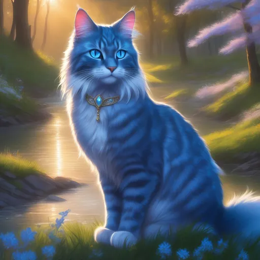 Prompt: warrior cat with {silver-blue fur} and {crystal blue eyes}, senior she-cat, Erin Hunter, gorgeous anime portrait, beautiful cartoon, 2d cartoon, beautiful 8k eyes, elegant {blue fur}, pronounced scar on chest, fine oil painting, modest, gazing at viewer, worm's eye view, frosted flowers, zoomed out view of character, wears a bracelet, 64k, hyper detailed, expressive, timid, graceful, beautiful, expansive silky mane, golden ratio, precise, perfect proportions, vibrant, tanning by a sun-bathed river, hyper detailed, complementary colors, UHD, HDR, top quality artwork, beautiful detailed background, unreal 5, artstaion, deviantart, instagram, professional, masterpiece