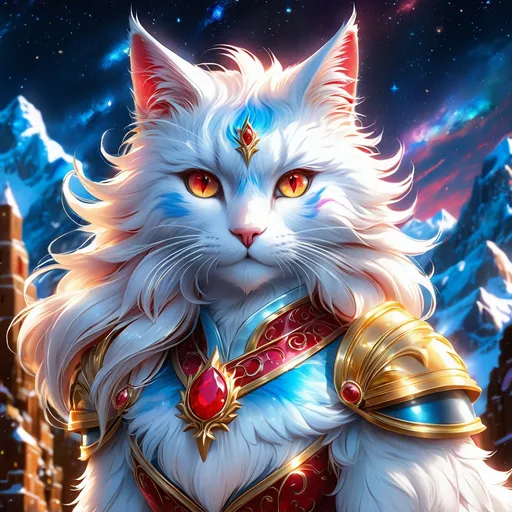 Prompt: warrior cat with {rose gold fur} and {ruby red eyes}, senior she-cat, ice element, frost, Erin Hunter, gorgeous anime portrait, beautiful cartoon, 2d cartoon, beautiful 8k eyes, elegant {blue fur}, pronounced scar on chest, fine oil painting, modest, gazing at viewer, beaming red eyes, glistening gold fur, low angle view, zoomed out view of character, 64k, hyper detailed, expressive, timid, graceful, beautiful, expansive silky mane, deep starry sky, UHD background, golden ratio, precise, perfect proportions, vibrant, standing majestically on a tall crystal stone, hyper detailed, complementary colors, UHD, HDR, top quality artwork, beautiful detailed background, unreal 5, artstaion, deviantart, instagram, professional, masterpiece