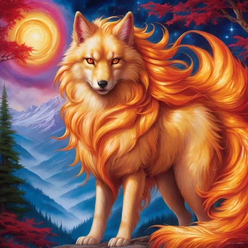 Prompt: {Ninetales}, gleaming hypnotic {ruby red eyes}, flame, fire element, feral, detailed artwork, beautiful oil painting, 64k, detailed background, aspen leaves, deep starry sky, lush frosted cliffside, brilliant sunrise sky, big golden ears, big beautiful 8k eyes, mischievous, vivid colors, thick fluffy fur, glowing fiery aura, fire princess, bashful rosy cheeks, timid, bright rosy cheeks, thick billowing mane, intricately detailed fur, beautiful detailed eyes, , by Anne Stokes, golden ratio, perfect proportions, vibrant, hyper detailed, complementary colors, UHD, beautiful detailed background