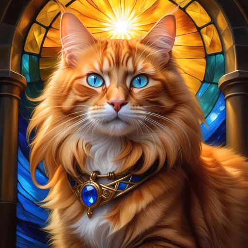 Prompt: ginger tabby warrior cat with {fiery gold fur} and {sapphire blue eyes}, brave male cat, epic RPG portrait, beautiful 8k eyes, fine oil painting, intense, lunging at viewer, wearing shiny bracelet, low angle view,  (unsheathed claws), visible claws, 64k, hyper detailed, expressive, intense, hissing cat, aggressive, intelligent, lithe, small, covered in scratches and scars, thick billowing mane, glistening golden fur, golden ratio, precise, perfect proportions, vibrant, prowling by a sun-bathed river, hyper detailed, complementary colors, UHD, HDR, top quality artwork, beautiful detailed background, highly detailed paws, unreal 5, artstaion, deviantart, instagram, professional, masterpiece