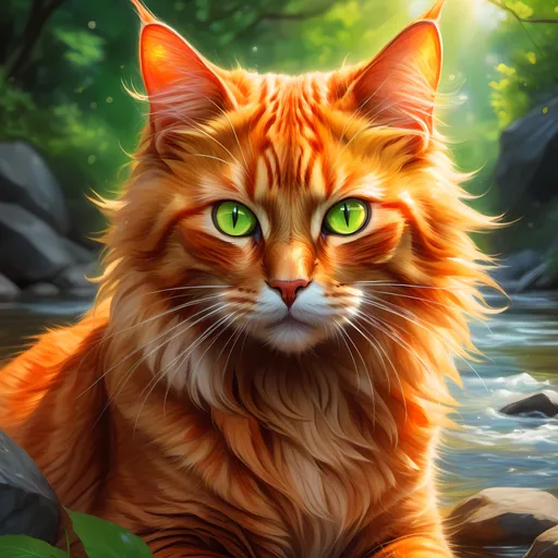 Prompt: warrior cat with {fiery orange fur} and bright green eyes, young male cat, epic anime portrait, beautiful 8k eyes, fine oil painting, intense, lunging at viewer, wearing shiny bracelet, solid red belly, worm's eye view, zoomed out view of character,  (unsheathed claws), visible claws, 64k, hyper detailed, expressive, intense, hissing cat, aggressive, intelligent, lithe, small, covered in scratches and scars, thick billowing mane, glistening golden fur, golden ratio, precise, perfect proportions, vibrant, prowling by a sun-bathed river, hyper detailed, dynamic, complementary colors, UHD, HDR, top quality artwork, beautiful detailed background, unreal 5, artstaion, deviantart, instagram, professional, masterpiece