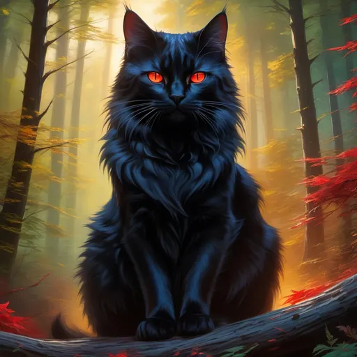 Prompt: warrior cat with jet black fur and scarlet eyes, tom cat, young apprentice, epic anime portrait, beautiful 8k eyes, fine oil painting, intense, wearing shiny bracelet, low angle view, zoomed out view of character,  (unsheathed claws), visible claws, 64k, hyper detailed, expressive, intense, heroic, friendly, aggressive yet compassionate, brawny, thick billowing mane, glistening black fur, prowling through a twilight forest, golden ratio, precise, perfect proportions, vibrant, hyper detailed, complementary colors, UHD, HDR, top quality artwork, beautiful detailed background, unreal 5, artstaion, deviantart, instagram, professional, masterpiece