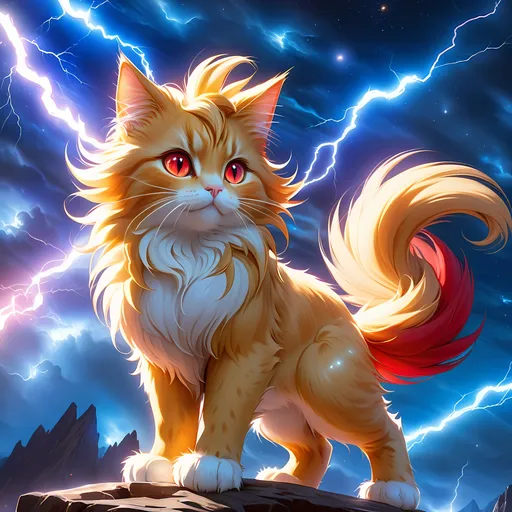 Prompt: champion cat with {shiny golden fur} and {ruby red eyes}, feral, quadruped, young she-cat prodigy, lightning element, crackling lightning, by Erin Hunter, gorgeous anime portrait, intense cartoon, beautiful 8k eyes, elegant {red fur}, pronounced scar on chest, fine oil painting, modest, gazing at viewer, beaming red eyes, glistening red fur, low angle view, thunder, lightning charged atmosphere, 64k, hyper detailed, expressive, timid, graceful, beautiful, expansive silky mane, deep starry sky, golden ratio, precise, perfect proportions, vibrant, standing majestically on a tall crystal stone, hyper detailed, complementary colors, UHD, HDR, top quality artwork, beautiful detailed background, unreal 5, artstaion, deviantart, instagram, professional, masterpiece