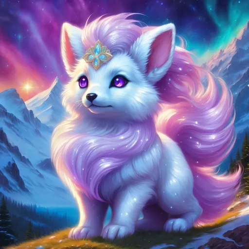 Prompt: {Alolan Vulpix}, gleaming hypnotic {amethyst purple eyes}, frost, ice element, detailed artwork, beautiful oil painting, 64k, detailed background, cosmic auroras, deep starry sky, lush cliffside, snowy mountain peaks, brilliant night sky, big purple ears, big beautiful 8k eyes, mischievous, vivid colors, thick fluffy fur, glowing ice aura, snow princess, bashful rosy cheeks, timid, bright rosy cheeks, thick billowing mane, intricately detailed fur, beautiful detailed eyes, , by Anne Stokes, golden ratio, perfect proportions, vibrant, hyper detailed, complementary colors, UHD, beautiful detailed background