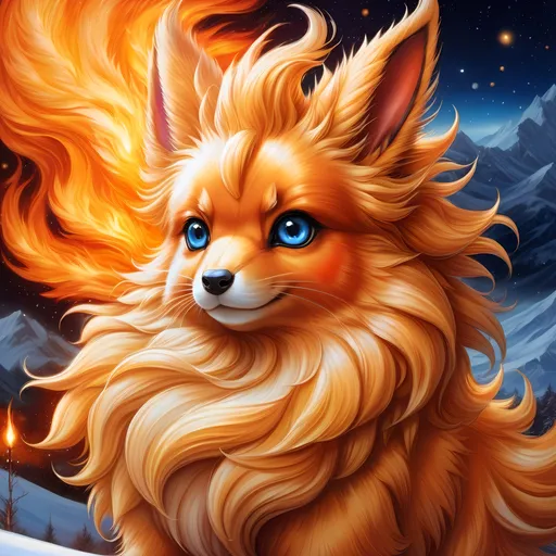 Prompt: {Flareon}, brilliant {blue eyes}, flame, fire element, feral, detailed artwork, beautiful oil painting, 64k, detailed background, snowy field, frost, deep starry sky, brilliant sunrise sky, big golden ears, beautiful dark muzzle, big beautiful 8k eyes, brave, vivid colors, thick fluffy fur, glowing fiery aura, thick billowing mane, intricately detailed fur, beautiful detailed eyes, , by Anne Stokes, golden ratio, perfect proportions, vibrant, hyper detailed, complementary colors, UHD, beautiful detailed background