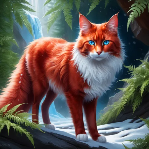 Prompt: warrior cat with {shiny red fur} and {crisp ice blue eyes}, feral, quadruped, young she-cat, by Erin Hunter, gorgeous anime portrait, intense cartoon, beautiful 8k eyes, elegant {scarlet and garnet fur}, {pelt looks like a vixen fox}, fine oil painting, stunning, gorgeous, back view, gazing at viewer, beaming blue eyes, looking back, rear view, looking over shoulder, raised tail, glistening scarlet fur, draped in ferns, snowstorm, ice element, 64k, hyper detailed, expressive, witty, graceful, beautiful, expansive silky mane, crystal mountain cave, secluded crystal river, golden ratio, precise, perfect proportions, vibrant, standing majestically on a tall crystal stone, hyper detailed, complementary colors, UHD, HDR, top quality artwork, beautiful detailed background, unreal 5, artstaion, deviantart, instagram, professional, masterpiece