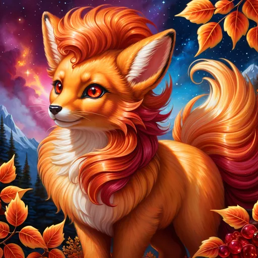 Prompt: Bronze {Vulpix}, {copper fur}, gleaming hypnotic (garnet brown eyes:1.5), flame, fire element, feral, frost, detailed artwork, beautiful oil painting, 64k, detailed background, aspen leaves, deep starry sky, lush cliffside, brilliant sunrise sky, big golden ears, beautiful dark muzzle, big beautiful 8k eyes, mischievous, vivid colors, thick fluffy fur, glowing fiery aura, fire princess, bashful rosy cheeks, timid, bright rosy cheeks, thick billowing mane, intricately detailed fur, beautiful detailed eyes, , by Anne Stokes, golden ratio, perfect proportions, vibrant, hyper detailed, complementary colors, UHD, beautiful detailed background