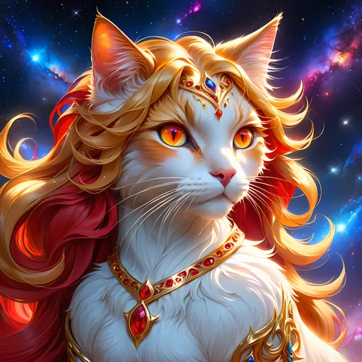 Prompt: clawmaster (cat) with {red fur} and {ruby red eyes}, feral cat, Erin Hunter, gorgeous anime portrait, beautiful cartoon, beautiful 8k eyes, elegant {red fur}, pronounced scar on chest, fire element, flame, fine oil painting, modest, gazing at viewer, fiery red eyes, glistening golden hair, low angle view, zoomed out view of character, 64k, hyper detailed, expressive, timid, graceful, beautiful, expansive silky golden mane, deep starry sky, UHD background, golden ratio, precise, perfect proportions, vibrant colors, standing majestically on a tall crystal stone, hyper detailed, complementary colors, UHD, HDR, top quality art, beautiful detailed background, unreal 5, artstaion, deviantart, instagram, professional, masterpiece