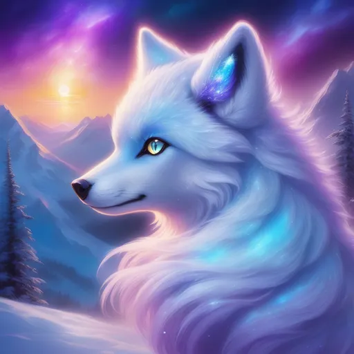 Prompt: {Alolan Vulpix}, Alaskan wolf, gleaming hypnotic {amethyst purple eyes}, frost, ice element, detailed artwork, epic photograph, beautiful oil painting, 64k, detailed background, cosmic auroras, deep starry sky, lush cliffside, snowy mountain peaks, brilliant night sky, big purple ears, mischievous, vivid colors, glowing ice aura, snow princess, timid, bashful rosy cheeks, thick billowing mane, intricately detailed fur, beautiful detailed eyes, golden ratio, perfect proportions, vibrant, hyper detailed, complementary colors, UHD, beautiful detailed background