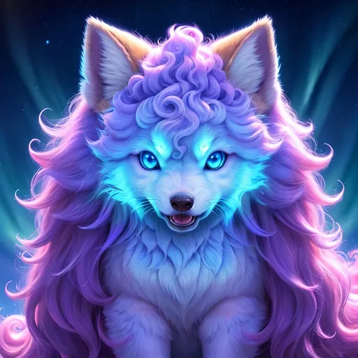 Prompt: {Alolan Vulpix}, growling, wolf, ice element, detailed artwork, portrait, 8k, detailed background, beautiful auroras, brilliant night sky, gleaming hypnotic purple eyes, mischievous, thick billowing mane, beautiful detailed eyes, golden ratio, perfect proportions, complementary colors, UHD