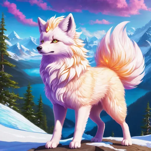 Prompt: {Alolan Vulpix}, growling, Alaskan wolf, ice element, detailed artwork, hyper detailed, 64k, detailed background, beautiful auroras, lush cliffside, snowy mountain peaks, brilliant night sky, gleaming hypnotic {purple eyes}, mischievous, vivid colors, glowing ice aura, thick billowing mane, intense anime portrait, intricately detailed fur, ice blue fur highlights, beautiful detailed eyes, golden ratio, perfect proportions, vibrant, hyper detailed, complementary colors, UHD, HDR, beautiful detailed background, unreal 5, artstaion, deviantart