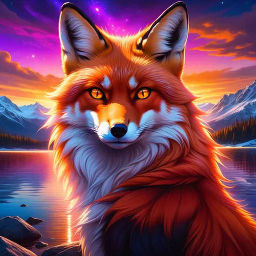 Prompt: portrait of a beautiful young crimson fox prodigy with (glistening crimson fur) and glowing {hazel eyes}, fine oil painting, feral, beautiful vixen kitsune, epic anime portrait, close up, gazing at viewer, fiery colors, brilliant sunrise, beautiful 8k eyes, deep starry sky, cosmic auroras, epic fantasy landscape, frost, close up, intense, low angle view, soft HD fur, 64k, hyper detailed, symmetric, highly detailed face, expressive, intense, elegant, graceful, silky extravagant mane, black fur lighlights, deep purple sky, colorful stones, glistening scarlet fur, sprawled at a lake shore, golden ratio, precise, perfect proportions, vibrant, lying by a sun-bathed lake, hyper detailed, complementary colors, UHD, HDR, top quality artwork, beautiful detailed background, unreal 5, artstaion, deviantart, instagram, professional, masterpiece