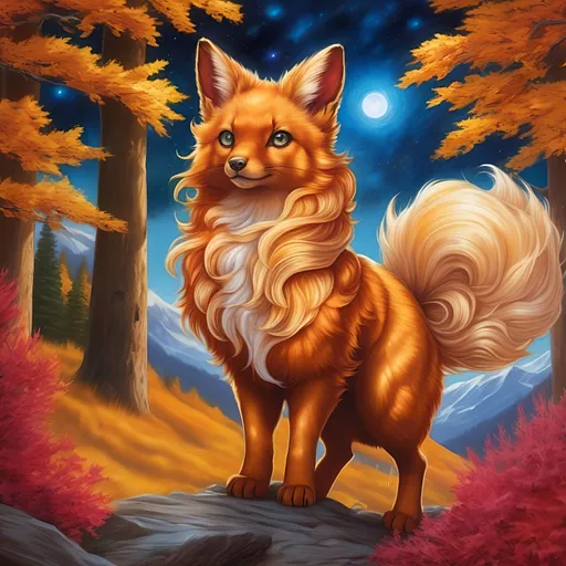 Prompt: remove leg, remove paw, {Vulpix}, gleaming hypnotic {chocolate brown eyes}, flame, fire element, feral, frost, detailed artwork, beautiful oil painting, 64k, detailed background, aspen leaves, deep starry sky, lush cliffside, brilliant sunrise sky, big golden ears, beautiful {golden brown muzzle}, luxurious {golden brown pelt}, big beautiful 8k eyes, mischievous, vivid colors, thick fluffy fur, glowing fiery aura, fire princess, bashful rosy cheeks, timid, bright rosy cheeks, thick billowing mane, intricately detailed fur, beautiful detailed eyes, , by Anne Stokes, golden ratio, perfect proportions, vibrant, hyper detailed, complementary colors, UHD, beautiful detailed background