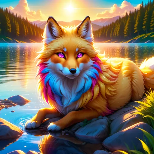 Prompt: beautiful young golden fox prodigy with (white-gold fur) and glowing (ruby magenta eyes), {sky blue paws and ears, curly blue hair}, feral, epic anime portrait, close up, sunny colors, brilliant sunrise, beautiful 8k eyes, light fluffy clouds, lush verdant greenery, close up, fine oil painting, low angle view, soft HD fur, (unsheathed claws), visible claws, 64k, hyper detailed, expressive, energetic, vibrant, fluffy mane, petite, deep blue sky, colorful stones, glistening golden fur, bashful rosy cheeks, sprawled at a lake shore, golden ratio, precise, perfect proportions, vibrant colors, vivid colors, lying by a sun-bathed lake, hyper detailed, complementary colors, UHD, HDR, top quality artwork, beautiful detailed background, unreal 5, artstaion, deviantart, instagram, professional, masterpiece