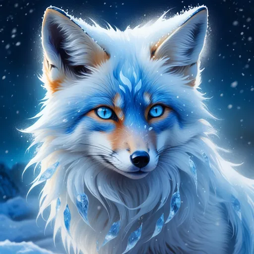 Prompt: ice elemental fox, feral fox, kitsune, nine-tailed fox, cool blue fur, dark blue eyes, soft moonlight, blue muzzle, elder vixen, plump, gazing at viewer, stunning, enchanting, confident, falling snow, shattered ice, frosted blue fur, vivid, vibrantm UHD, HDR, three-quarter portrait, detailed watercolor style on soft paper, masterpiece, cool colors, artstation, instagram, trending