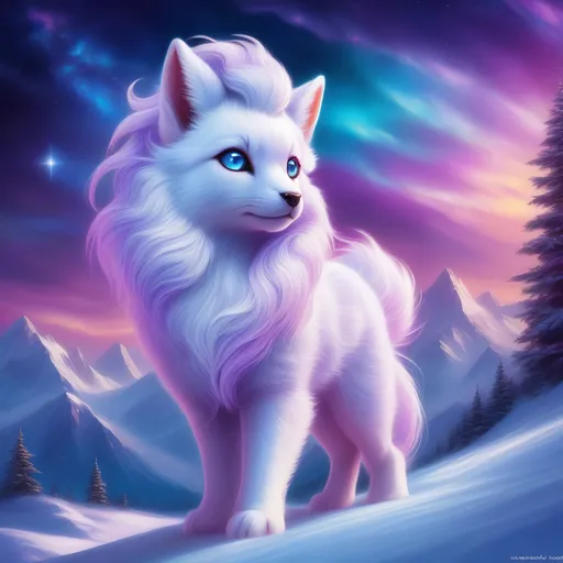 Prompt: {Alolan Vulpix}, gleaming hypnotic {amethyst purple eyes}, frost, ice element, detailed artwork, beautiful oil painting, 64k, detailed background, cosmic auroras, deep starry sky, lush cliffside, snowy mountain peaks, brilliant night sky, big purple ears, big beautiful 8k eyes, mischievous, vivid colors, thick fluffy fur, glowing ice aura, snow princess, bashful rosy cheeks, timid, bright rosy cheeks, thick billowing mane, intricately detailed fur, beautiful detailed eyes, , by Anne Stokes, golden ratio, perfect proportions, vibrant, hyper detailed, complementary colors, UHD, beautiful detailed background