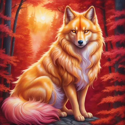 Prompt: {Ninetales}, gleaming hypnotic {ruby red eyes}, flame, fire element, feral, detailed artwork, beautiful watercolor painting, 64k, detailed background, aspen leaves, deep starry sky, lush frosted cliffside, brilliant sunrise sky, big golden ears, big beautiful 8k eyes, mischievous, vivid colors, thick fluffy fur, glowing fiery aura, fire princess, bashful rosy cheeks, timid, bright rosy cheeks, thick billowing mane, intricately detailed fur, beautiful detailed eyes, , by Anne Stokes, golden ratio, perfect proportions, vibrant, hyper detailed, complementary colors, UHD, beautiful detailed background