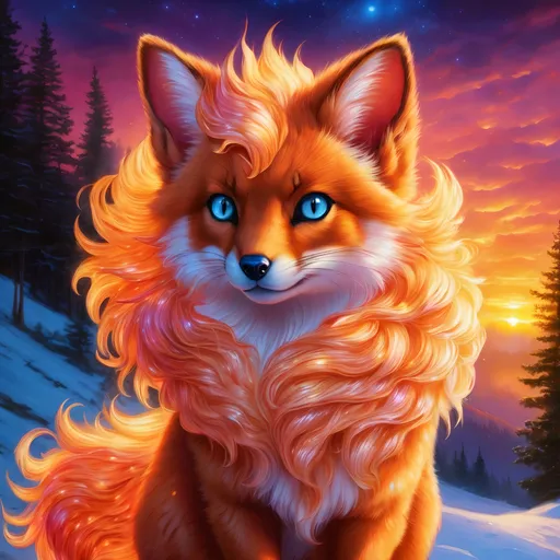 Prompt: {Vulpix}, gleaming hypnotic {garnet brown eyes}, flame, fire element, feral, frost, detailed artwork, beautiful oil painting, 64k, detailed background, aspen leaves, deep starry sky, lush cliffside, brilliant sunrise sky, big golden ears, big beautiful 8k eyes, mischievous, vivid colors, thick fluffy fur, glowing fiery aura, fire princess, bashful rosy cheeks, timid, bright rosy cheeks, thick billowing mane, intricately detailed fur, beautiful detailed eyes, , by Anne Stokes, golden ratio, perfect proportions, vibrant, hyper detailed, complementary colors, UHD, beautiful detailed background