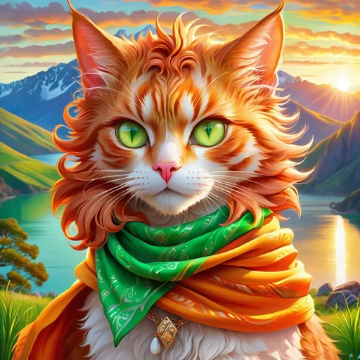 Prompt: detailed painting of a beautiful cat warrior with fiery ginger fur and bright green eyes, feral cat, wearing golden scarf, detailed lakeside background, distant cliffs in background, UHD, highly detailed, trending. on artstation, brilliant sunset, inkpunk style, brilliant colors, vivid colors, bright orange fluffy pelt, depth, detailed shading