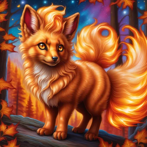 Prompt: {Vulpix}, gleaming hypnotic {chocolate brown eyes}, flame, fire element, feral, frost, detailed artwork, beautiful oil painting, 64k, detailed background, aspen leaves, deep starry sky, lush cliffside, brilliant sunrise sky, big golden ears, beautiful {golden brown muzzle}, luxurious {golden brown pelt}, big beautiful 8k eyes, mischievous, vivid colors, thick fluffy fur, glowing fiery aura, fire princess, bashful rosy cheeks, timid, bright rosy cheeks, thick billowing mane, intricately detailed fur, beautiful detailed eyes, , by Anne Stokes, golden ratio, perfect proportions, vibrant, hyper detailed, complementary colors, UHD, beautiful detailed background