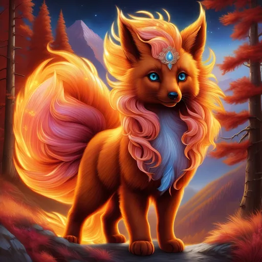 Prompt: {Vulpix}, gleaming hypnotic {garnet brown eyes}, flame, fire element, feral, frost, detailed artwork, beautiful oil painting, 64k, detailed background, aspen leaves, deep starry sky, lush cliffside, brilliant sunrise sky, big golden ears, big beautiful 8k eyes, mischievous, vivid colors, thick fluffy fur, glowing fiery aura, fire princess, bashful rosy cheeks, timid, bright rosy cheeks, thick billowing mane, intricately detailed fur, beautiful detailed eyes, , by Anne Stokes, golden ratio, perfect proportions, vibrant, hyper detailed, complementary colors, UHD, beautiful detailed background