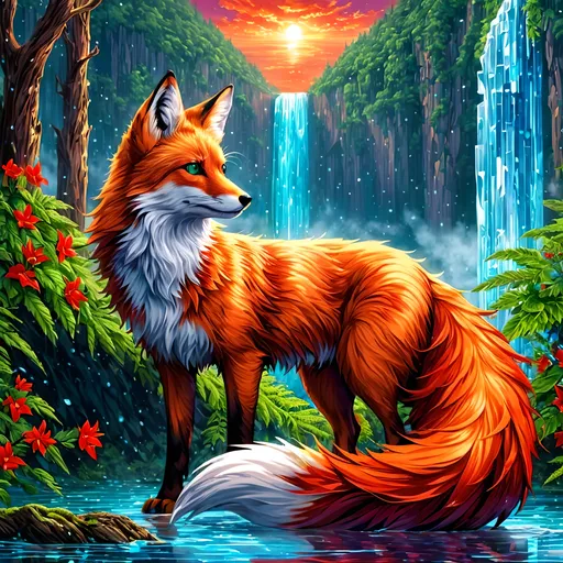 Prompt: portrait of a stunning beautiful fox with {shiny garnet and crimson fur} and {crisp mint green eyes}, feral fox, quadruped, young vixen, kitsune, nine-tailed fox, beautiful 8k eyes, elegant {crimson and garnet fur}, fine oil painting, stunning, gorgeous, back view, gazing at viewer, fire element, wind element,  beaming green eyes, looking back, (rear view:1.5), (looking over shoulder:1.5), (raised tail:2.5), glistening scarlet fur, draped in ferns, snowstorm, ice element, 64k, hyper detailed, expressive, witty, graceful, beautiful, expansive silky mane, crystal mountain cave, secluded crystal lake, crystal waterfall, golden ratio, precise, perfect proportions, vibrant, standing majestically on a tall crystal stone, hyper detailed, complementary colors, UHD, HDR, top quality artwork, beautiful detailed background, detailed pixel art