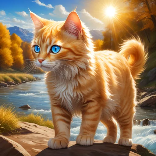 Prompt: warrior cat with pearl-gold fur and sapphire blue eyes, young male cat, epic anime portrait, beautiful 8k eyes, fine oil painting, intense, lunging at viewer, wearing shiny bracelet, worm's eye view, zoomed out view of character,  (unsheathed claws), visible claws, 64k, hyper detailed, expressive, intense, hissing cat, aggressive, intelligent, lithe, small, covered in scratches and scars, thick billowing mane, glistening golden fur, golden ratio, precise, perfect proportions, vibrant, prowling by a sun-bathed river, hyper detailed, complementary colors, UHD, HDR, top quality artwork, beautiful detailed background, unreal 5, artstaion, deviantart, instagram, professional, masterpiece