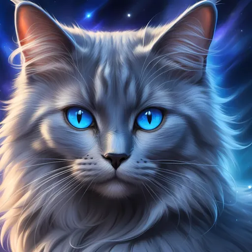 Prompt: warrior cat with {russian blue fur} and {crystal blue eyes}, senior she-cat, Erin Hunter, gorgeous anime portrait, beautiful cartoon, 2d cartoon, beautiful 8k eyes, elegant {blue fur}, pronounced scar on chest, fine oil painting, modest, gazing at viewer, beaming blue eyes, glistening blue fur, low angle view, zoomed out view of character, 64k, hyper detailed, expressive, timid, graceful, beautiful, expansive silky mane, golden ratio, precise, perfect proportions, vibrant, standing majestically on a tall crystal stone, hyper detailed, complementary colors, UHD, HDR, top quality artwork, beautiful detailed background, unreal 5, artstaion, deviantart, instagram, professional, masterpiece