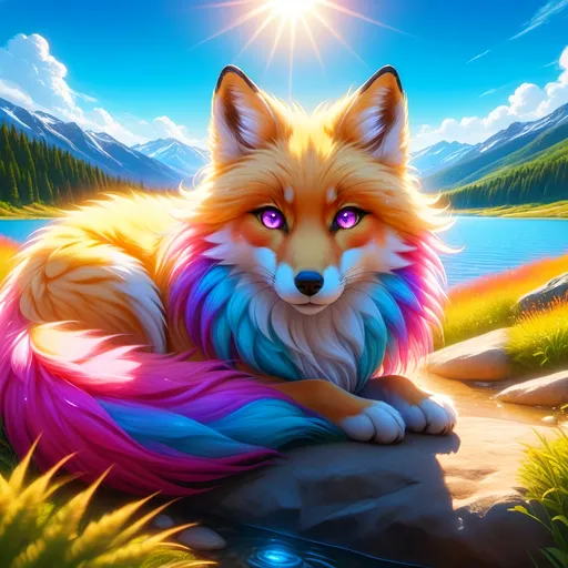 Prompt: beautiful young golden fox prodigy with (white-gold fur) and glowing {ruby magenta eyes}, {sky blue paws and ears, curly blue hair}, feral, epic anime portrait, close up, sunny colors, brilliant sunrise, beautiful 8k eyes, light fluffy clouds, lush verdant greenery, close up, fine oil painting, low angle view, soft HD fur, (unsheathed claws), visible claws, 64k, hyper detailed, expressive, energetic, vibrant, fluffy mane, petite, deep blue sky, colorful stones, glistening golden fur, bashful rosy cheeks, sprawled at a lake shore, golden ratio, precise, perfect proportions, vibrant colors, vivid colors, lying by a sun-bathed lake, hyper detailed, complementary colors, UHD, HDR, top quality artwork, beautiful detailed background, unreal 5, artstaion, deviantart, instagram, professional, masterpiece