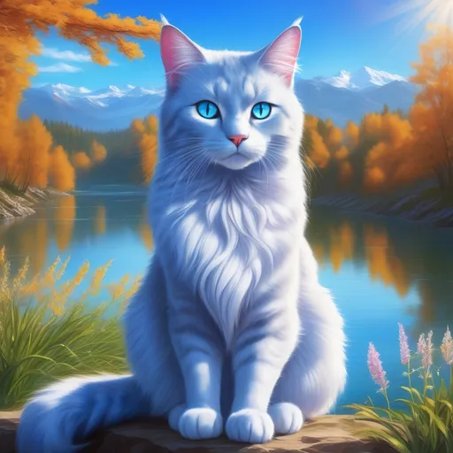 Prompt: warrior cat with {silver-blue fur} and {crystal blue eyes}, senior she-cat, Erin Hunter, gorgeous anime portrait, beautiful cartoon, 2d cartoon, beautiful 8k eyes, elegant {blue fur}, pronounced scar on chest, fine oil painting, modest, gazing at viewer, worm's eye view, frosted flowers, zoomed out view of character, wears a bracelet, 64k, hyper detailed, expressive, timid, graceful, beautiful, expansive silky mane, golden ratio, precise, perfect proportions, vibrant, tanning by a sun-bathed river, hyper detailed, complementary colors, UHD, HDR, top quality artwork, beautiful detailed background, unreal 5, artstaion, deviantart, instagram, professional, masterpiece