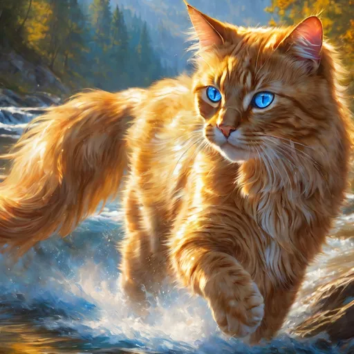 Prompt: warrior cat with pearl-gold fur and sapphire blue eyes, young male cat, epic anime portrait, beautiful 8k eyes, fine oil painting, intense, lunging at viewer, wearing shiny bracelet, worm's eye view, zoomed out view of character,  (unsheathed claws), visible claws, 64k, hyper detailed, expressive, intense, hissing cat, aggressive, intelligent, lithe, small, covered in scratches and scars, thick billowing mane, glistening golden fur, golden ratio, precise, perfect proportions, vibrant, prowling by a sun-bathed river, hyper detailed, complementary colors, UHD, HDR, top quality artwork, beautiful detailed background, unreal 5, artstaion, deviantart, instagram, professional, masterpiece