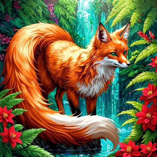 Prompt: portrait of a stunning beautiful fox with {shiny garnet and crimson fur} and {intricately detailed 8k 
mint green eyes}, feral fox, quadruped, young vixen, kitsune, nine-tailed fox, beautiful 8k eyes, elegant {crimson and garnet fur}, fine oil painting, stunning, gorgeous, back view, gazing at viewer, wind element,  beaming green eyes, looking back, (rear view:1.5), (looking over shoulder:1.5), (raised tail:2.5), glistening scarlet fur, surrounded by flowers and ferns, draped in ferns, 64k, hyper detailed, expressive, witty, graceful, beautiful, expansive silky mane, crystal mountain cave, secluded crystal lake, crystal waterfall, golden ratio, precise, perfect proportions, vibrant, standing majestically on a tall crystal stone, hyper detailed, complementary colors, UHD, HDR, top quality artwork, beautiful detailed background, detailed pixel art