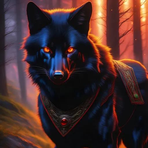 Prompt: young warrior black fox with (solid jet black fur) and scarlet eyes, feral, epic anime portrait, lightning element, crackling lightning, beautiful 8k eyes, fine oil painting, intense, wearing shiny bracelet, low angle view,  (unsheathed claws), visible claws, 64k, hyper detailed, expressive, intense, heroic, friendly, compassionate, brawny, thick billowing mane, fiery colors, psychedelic colors, lightning charged atmosphere, colorful stones, glistening black fur, prowling through a twilight forest,  golden ratio, precise, perfect proportions, vibrant, prowling by a sun-bathed river, hyper detailed, complementary colors, UHD, HDR, top quality artwork, beautiful detailed background, unreal 5, artstaion, deviantart, instagram, professional, masterpiece