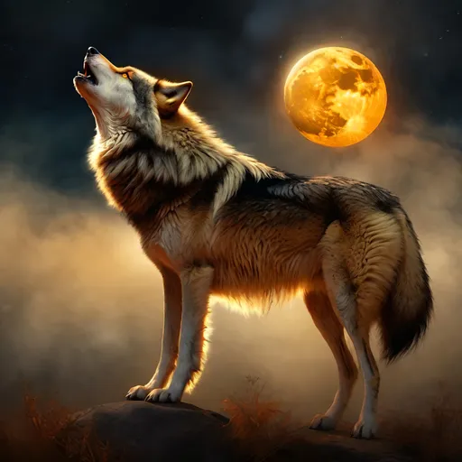 Prompt: epic wolf howling at {golden moon}, billowing wild fur, haunting orange eyes, 64k, realistic, photograph, spooky, haunting, foggy, studio lighting, highly detailed, intricately detailed, hyper realism, cinematic, highly detailed background